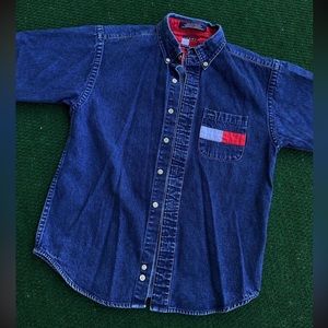 Red white and blue denim button up